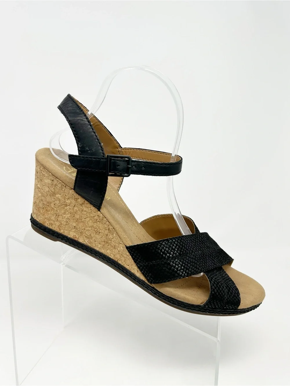 Clarks Womens Cork Wedge Sandals Black Crisscross Strappy Ankle Buckle Size 11